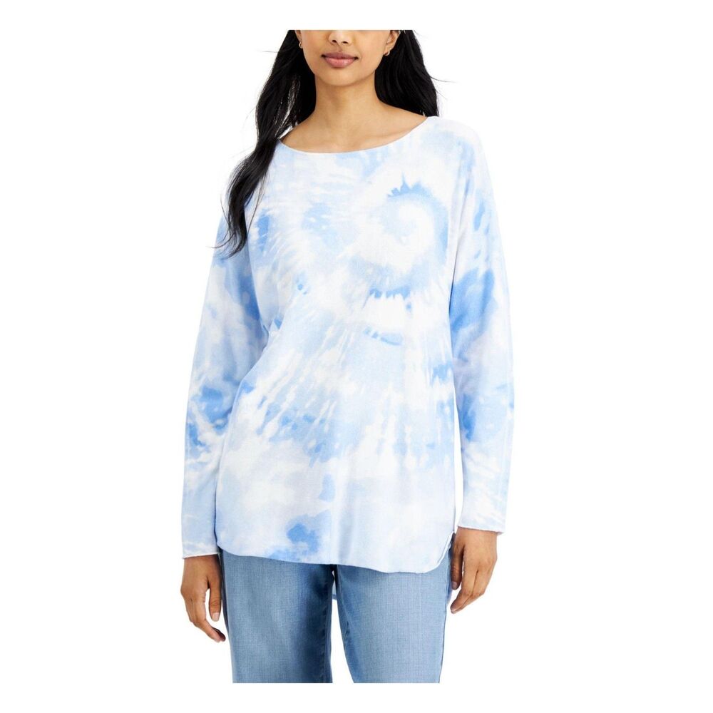 NWT INC Women's Light Blue Tie Dye Long Sleeve Boat Neck Sweater Tunic Size: M